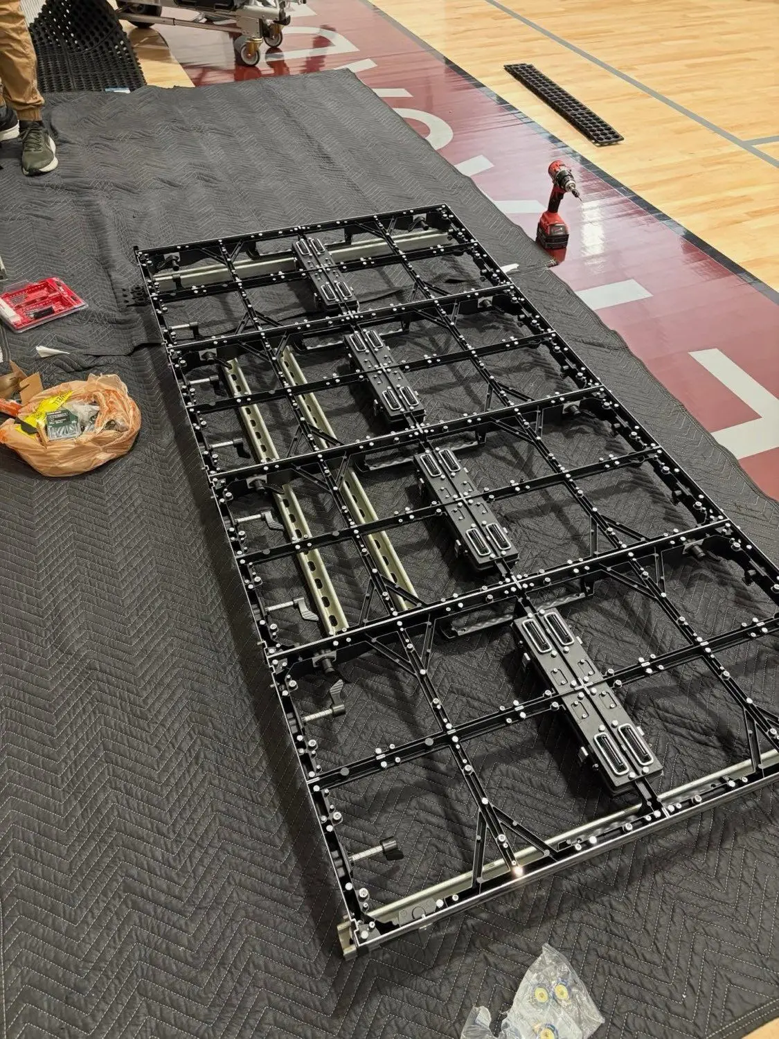 LED video wall frame assembled on a gym floor
